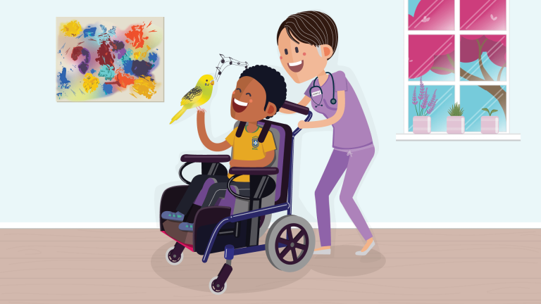 Title: A Boy A Bird and A Nurse_Blog_Featured | Caption: A boy, MJ, accompanied with his bird, Yoshi, and nurse Dawn | Alt: A Boy, A Bird, and A Nurse | Collections: Spark Stories | Topics: Client Care, COVID-19, Dravet Syndrome, Friendship, Nurses, Nursing, Pandemic, Youth Care